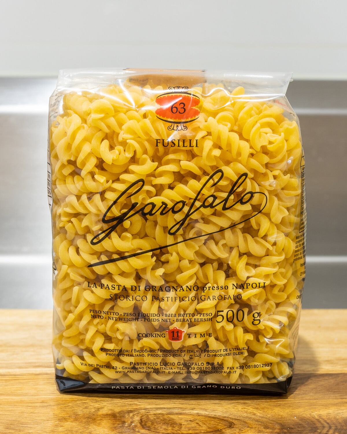 A bag of Garofalo fusilli on the deli counter