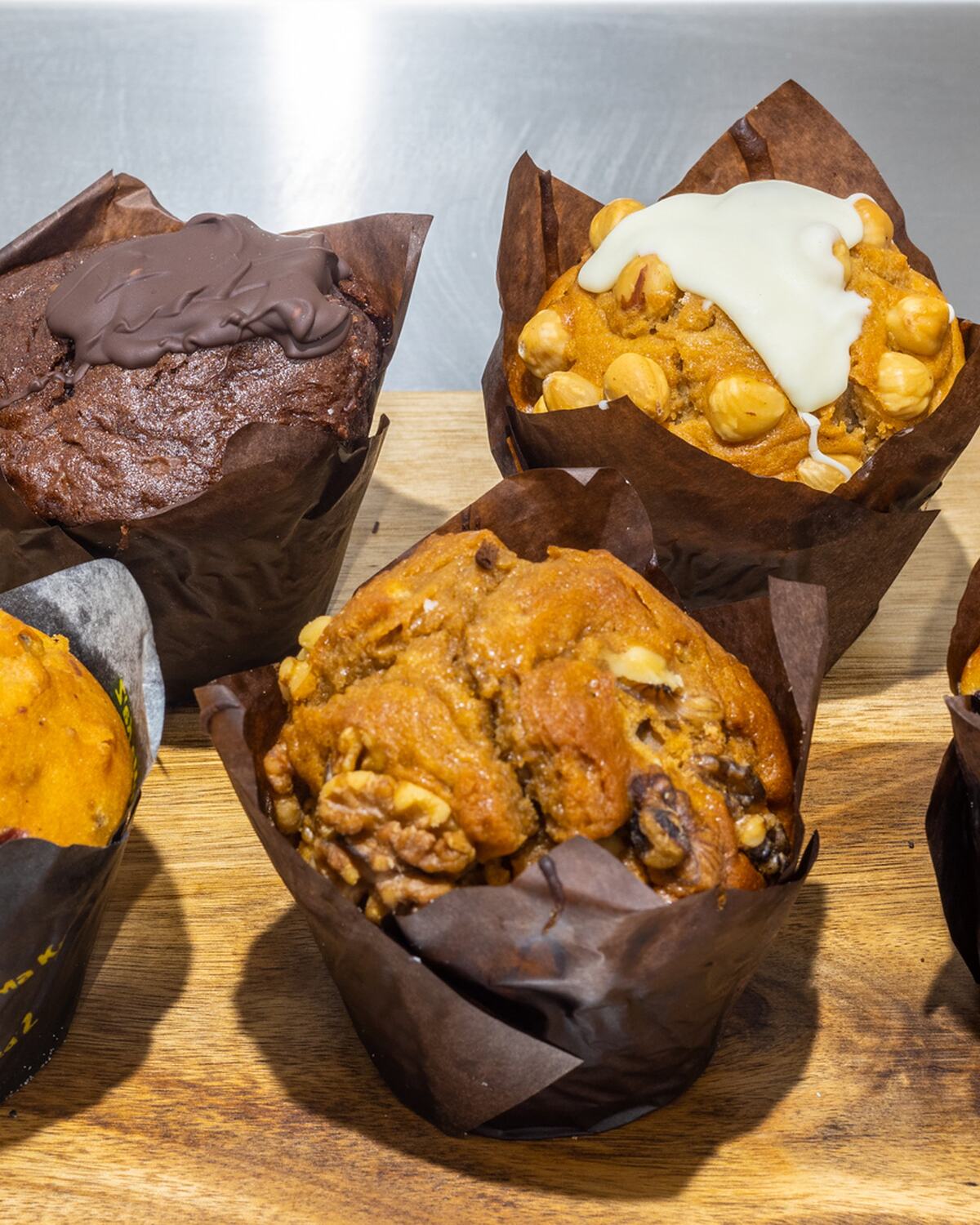 A tray of muffins at Rose's Deli: chocolate, blueberry and banana